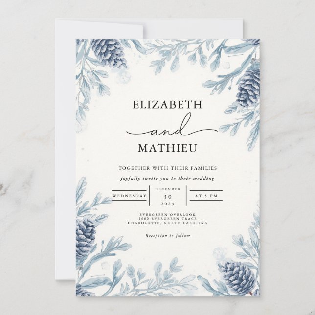 Invitation Dusty Blue Botanical Winter Wedding (Devant)