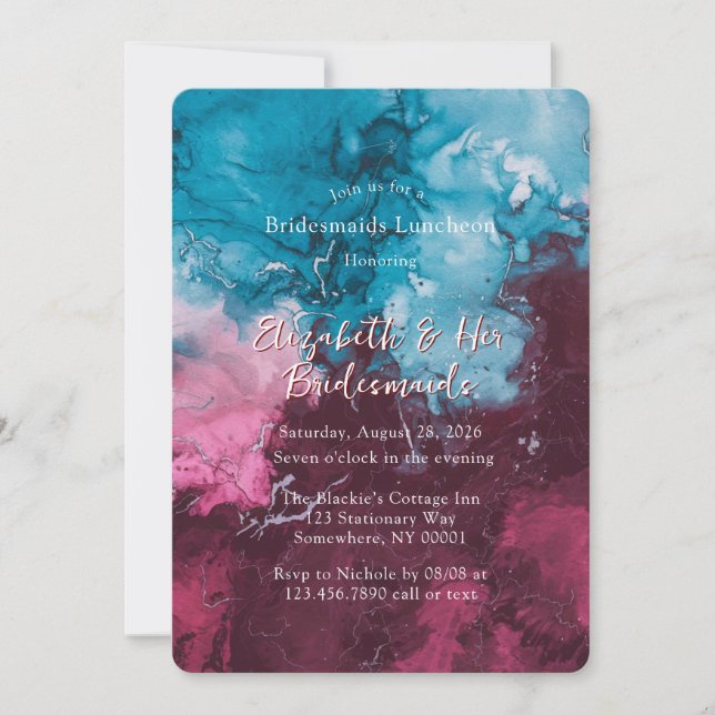 Invitation Dusty Blue Bourgogne Alcool Bridesmaitres Déjeuner (Devant)