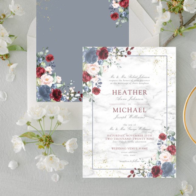 Invitation Dusty Blue Bourgogne Blush Gold Floral Mariage Inv (Créateur téléchargé)