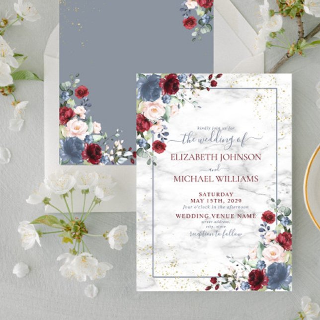 Invitation Dusty Blue Bourgogne Blush Gold FlorMariage (Créateur téléchargé)