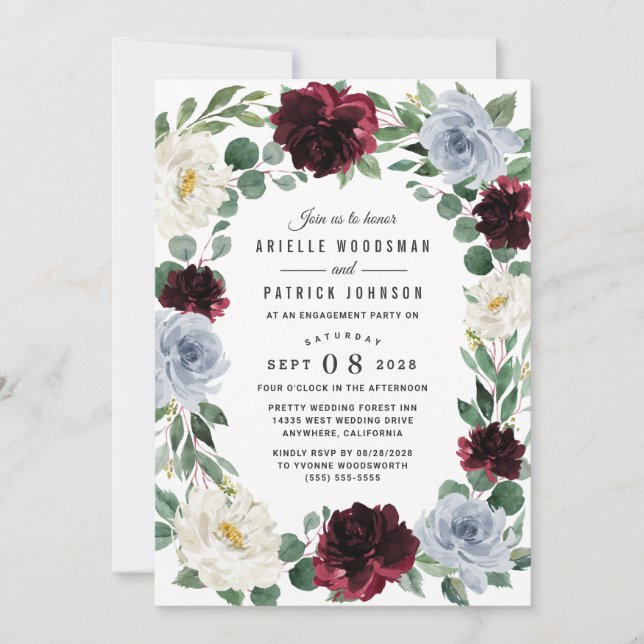 Invitation Dusty Blue Bourgogne Elegant Fall Engagement Party (Devant)
