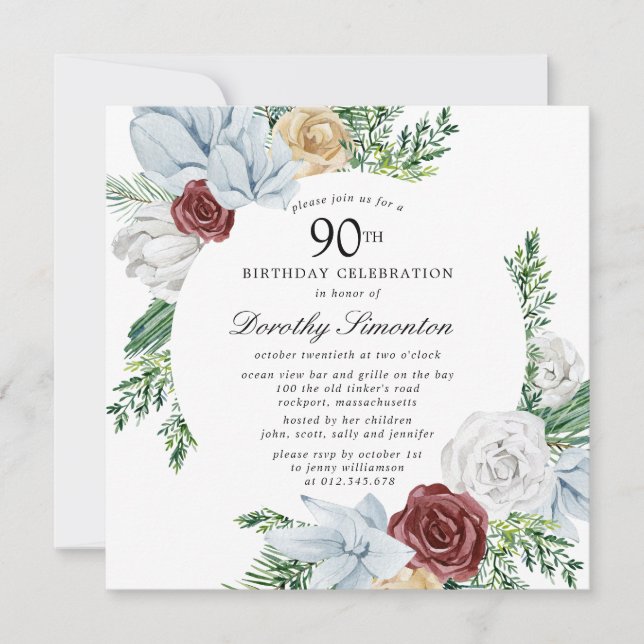 Invitation Dusty Blue Bourgogne Floral 90e fête d'anniversair (Devant)