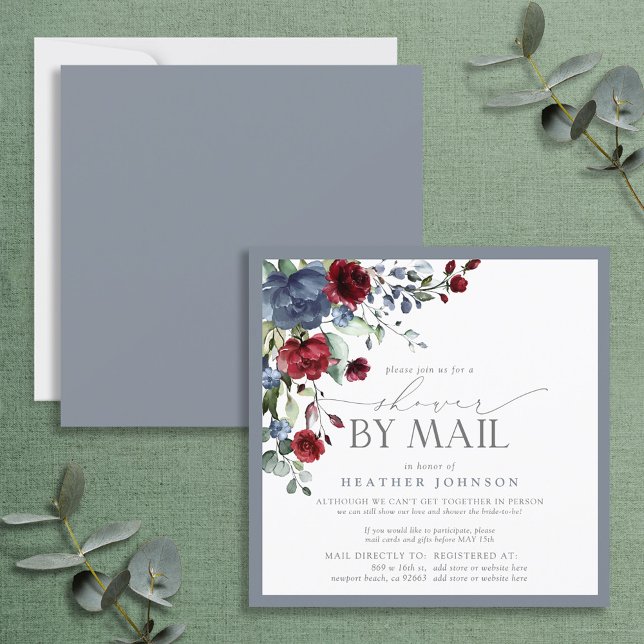 Invitation Dusty Blue Bourgogne Floral Fête des mariées Mail (Créateur téléchargé)