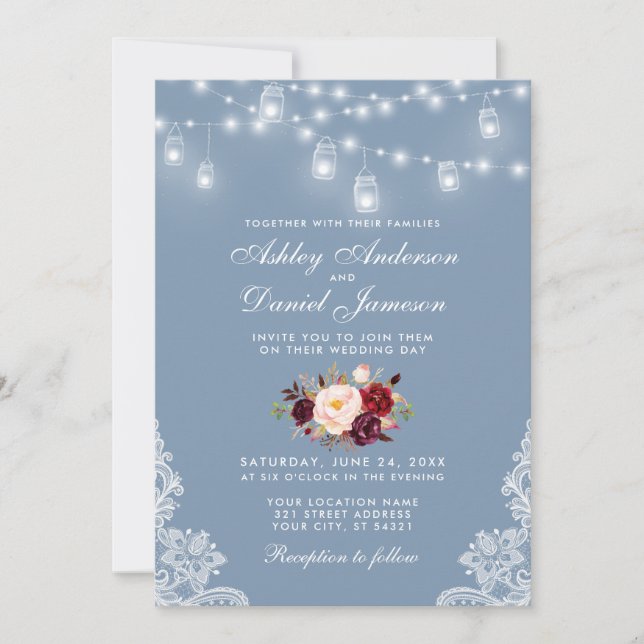Invitation Dusty Blue Bourgogne Floral Mariage Lights (Devant)