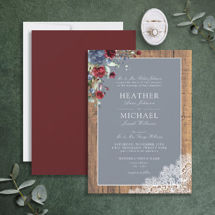Invitation Dusty Blue Bourgogne Wood Lace Script Mariage Invi