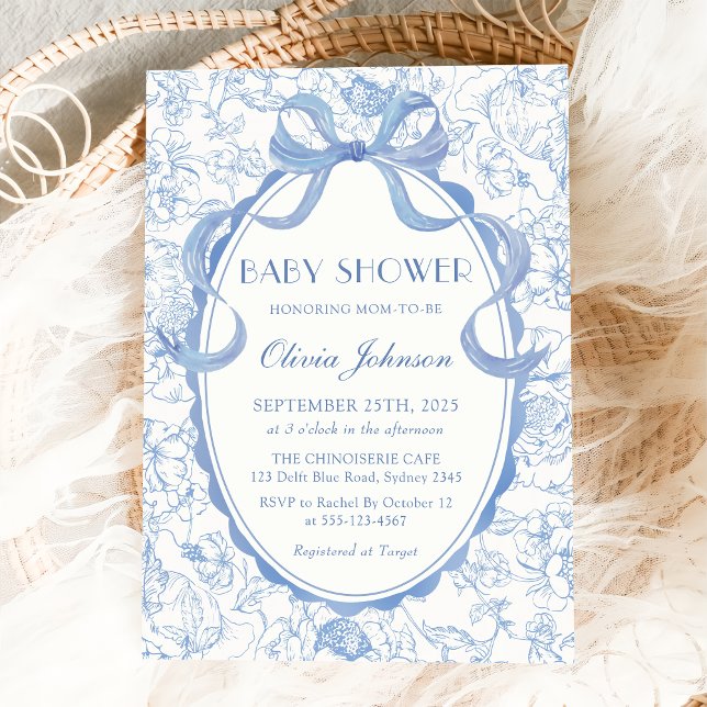 Invitation Dusty Blue Bow Chinoiserie Baby shower Floral (Créateur téléchargé)