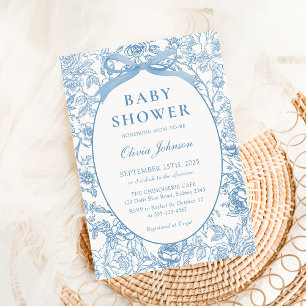 Invitation Dusty Blue Bow Chinoiserie Baby shower Floral