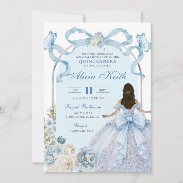 Invitation Dusty Blue Bow Coquette Butterfly Silver Quinceane (Devant)