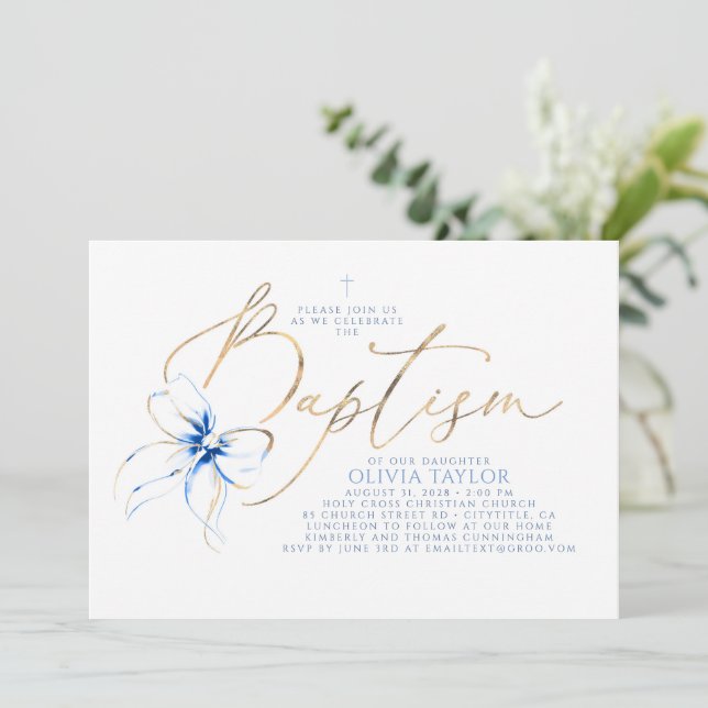 Invitation Dusty Blue Bow Elegant Minimalist Modern Baptism (Debout devant)