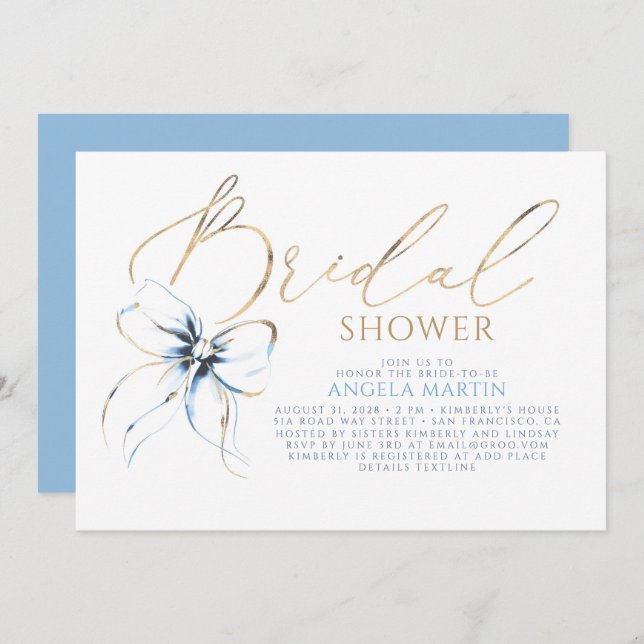 Invitation Dusty Blue Bow Elegant Romantic Bridal Shower (Devant / Derrière)