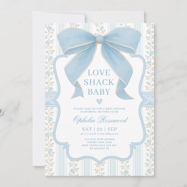 Invitation Dusty Blue Bow Love Shack Baby Boy Douche (Devant)