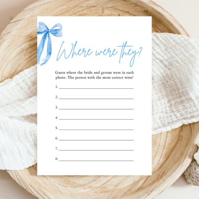Invitation Dusty Blue Bow Où Étaient-Ils Fête des mariées Jeu (Modern Watercolor Dusty Blue Bow Where Were They Bridal Shower Game)