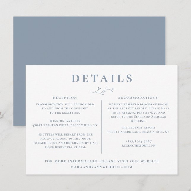 Invitation Dusty Blue Branch Détails sur le Mariage (Devant / Derrière)