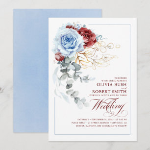 Invitation Dusty Blue & Burgundy Red Boho Floral Mariage