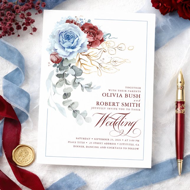 Invitation Dusty Blue & Burgundy Red Boho Floral Mariage (Dusty Blue and Burgundy Red Botanical Floral Chic Wedding Invitations)