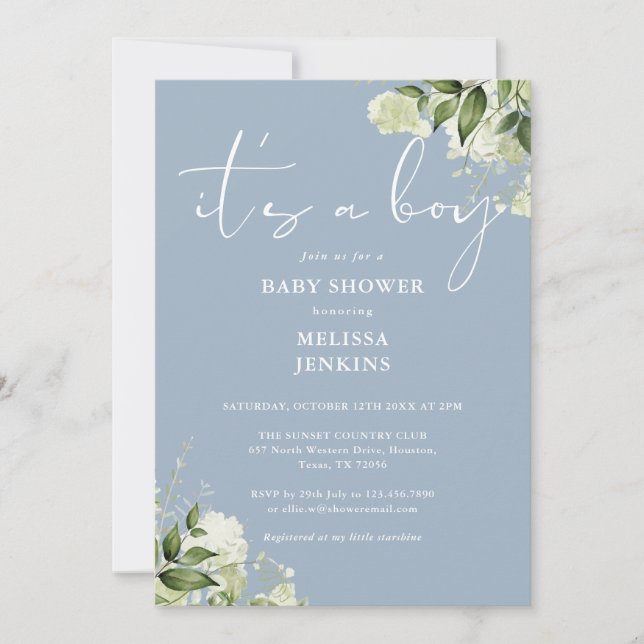 Invitation Dusty Blue C'Est Un Garçon Baby shower de verdure (Devant)