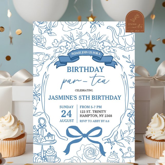 Invitation Dusty Blue Chinoiserie Anniversaire Park Tea (Créateur téléchargé)