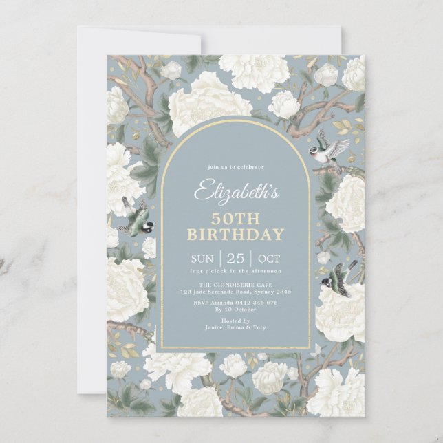 Invitation Dusty Blue Chinoiserie Floral Femmes 50e anniversa (Devant)