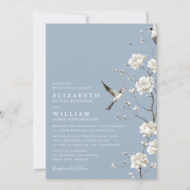 Invitation Dusty Blue Chinoiserie Floral Garden Mariage (Devant)