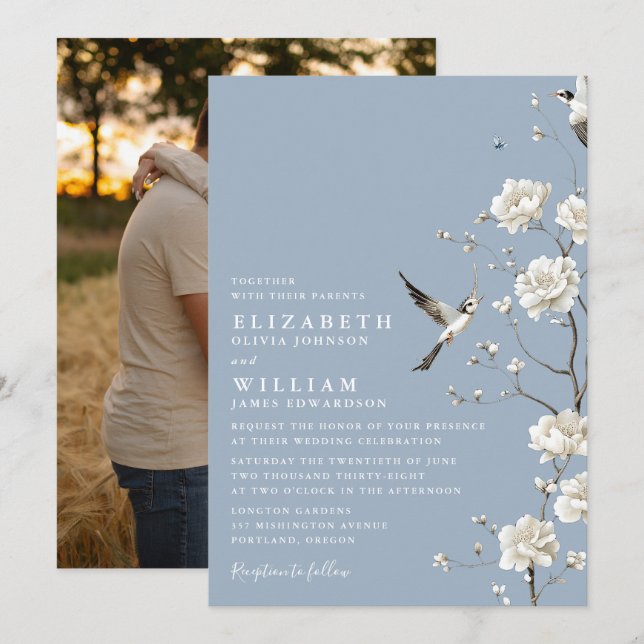 Invitation Dusty Blue Chinoiserie Floral Garden Wedding Photo (Devant / Derrière)
