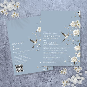 Invitation Dusty Blue Chinoiserie Floral QR Code Mariage