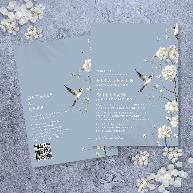 Invitation Dusty Blue Chinoiserie Floral QR Code Mariage (Dusty Blue Chinoiserie Floral QR Code Wedding Invitation)