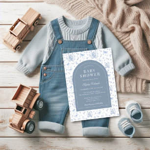 Invitation Dusty Blue Chinoiserie Teddy Bear and Bows Baby