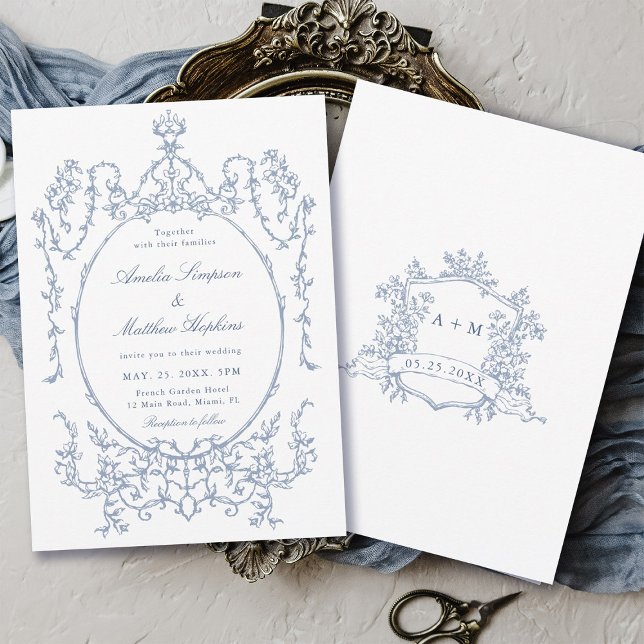 Invitation Dusty Blue Classic Floral Frame Mariage (Front & Back)