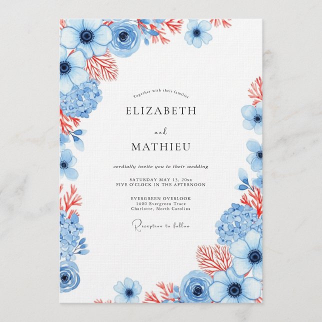 Invitation Dusty Blue Coral Bloom Wedding (Devant)