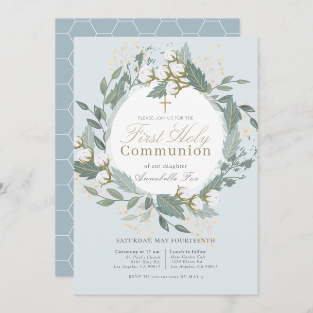 Invitation Dusty Blue Cotton Wreath First Holy Communion (Devant / Derrière)