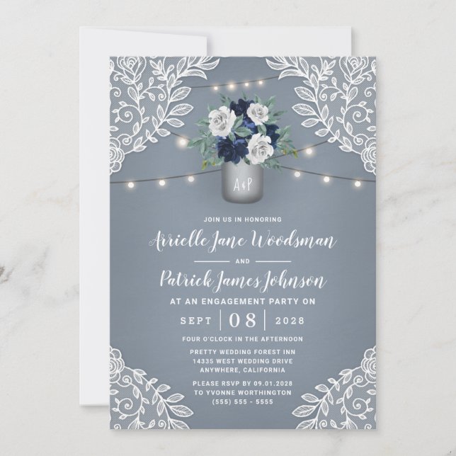 Invitation Dusty Blue Country Dentelle Mason Jar (Devant)