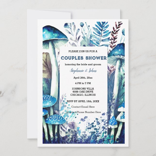 Invitation Dusty Blue Couple Douche Champignon Mariage de boi (Devant)