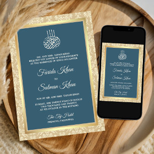 Invitation Dusty Blue Cream Damask Islam Muslim Mariage