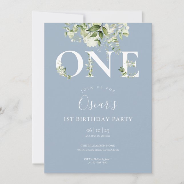 Invitation Dusty Blue Cute Floral Green 1er anniversaire (Devant)