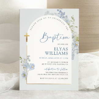 Invitation Dusty Blue Delphinium Floral Arché Boy Baptême