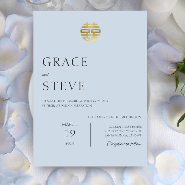 Invitation Dusty Blue Double Bonheur Mariage coréen chinois (Dusty Blue Double Happiness Chinese Korean Wedding Invitation)