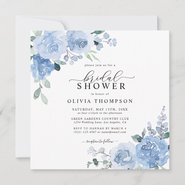 Invitation Dusty Blue Elegant Fête des mariées botanique clai (Devant)