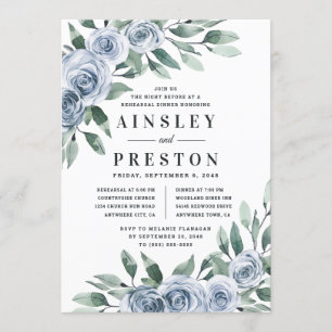 Invitation Dusty Blue Élégant Floral Rustic Rehearer Dîner