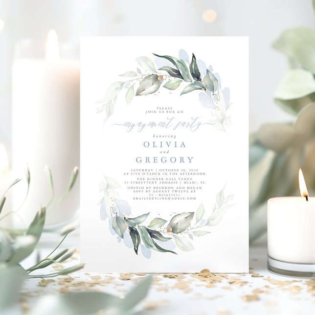Invitation Dusty Blue Elegant Green Party (Dusty Blue Greenery Engagement Party Invitations )
