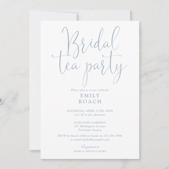Invitation Dusty Blue élégant Script Bridal Tea Party Douche (Devant)
