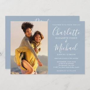 Invitation Dusty Blue Elegant Script Photo Mariage Tout en un
