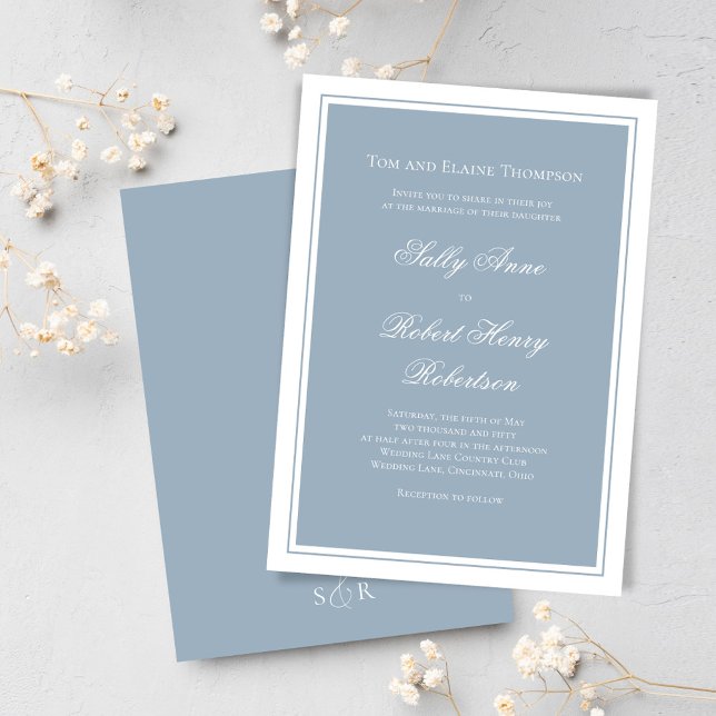 Invitation Dusty Blue Elegant Wedding Calligraphy Script  (Classic and elegant dusty blue wedding invitations)
