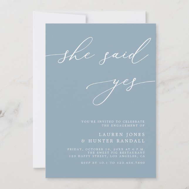 Invitation Dusty Blue Elegant Whimsical Oui Partie d'engageme (Devant)