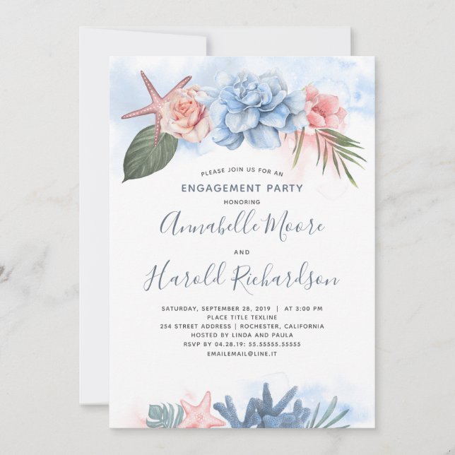 Invitation Dusty Blue et Blush Beach (Devant)