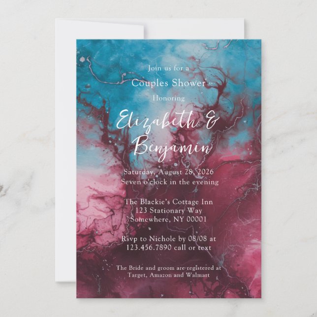 Invitation Dusty Blue et Bourgogne Alcool Encre Couples Douch (Devant)