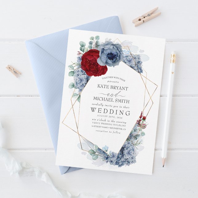 Invitation Dusty Blue et Bourgogne Rouge Floral élégant maria (Créateur téléchargé)