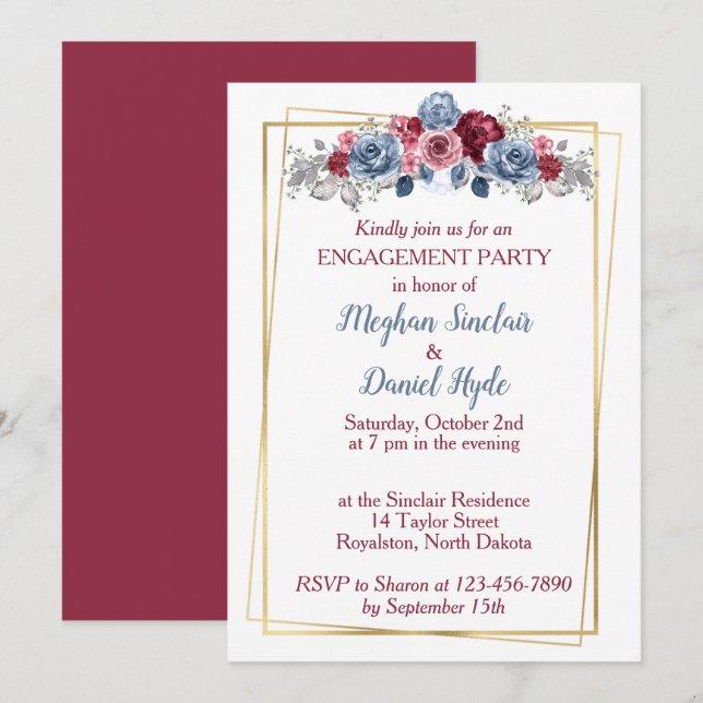 Invitation Dusty Blue et Burgundy (Devant / Derrière)