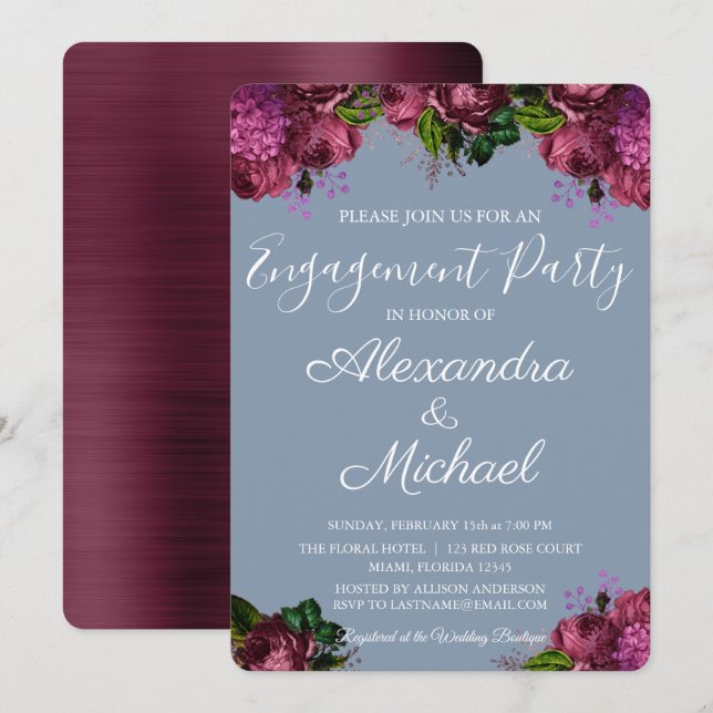 Invitation Dusty Blue et Cranberry Burgundy (Devant / Derrière)