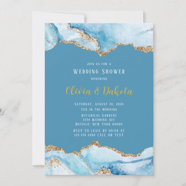 Invitation Dusty Blue et Gold Agate Wedding shower (Devant)