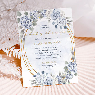 Invitation Dusty Blue et Gold Floral   Baby shower élégant